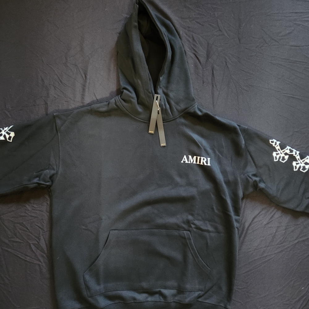 AMIRI Black Crewneck Logo Hoodie with White Sleeve Graphics